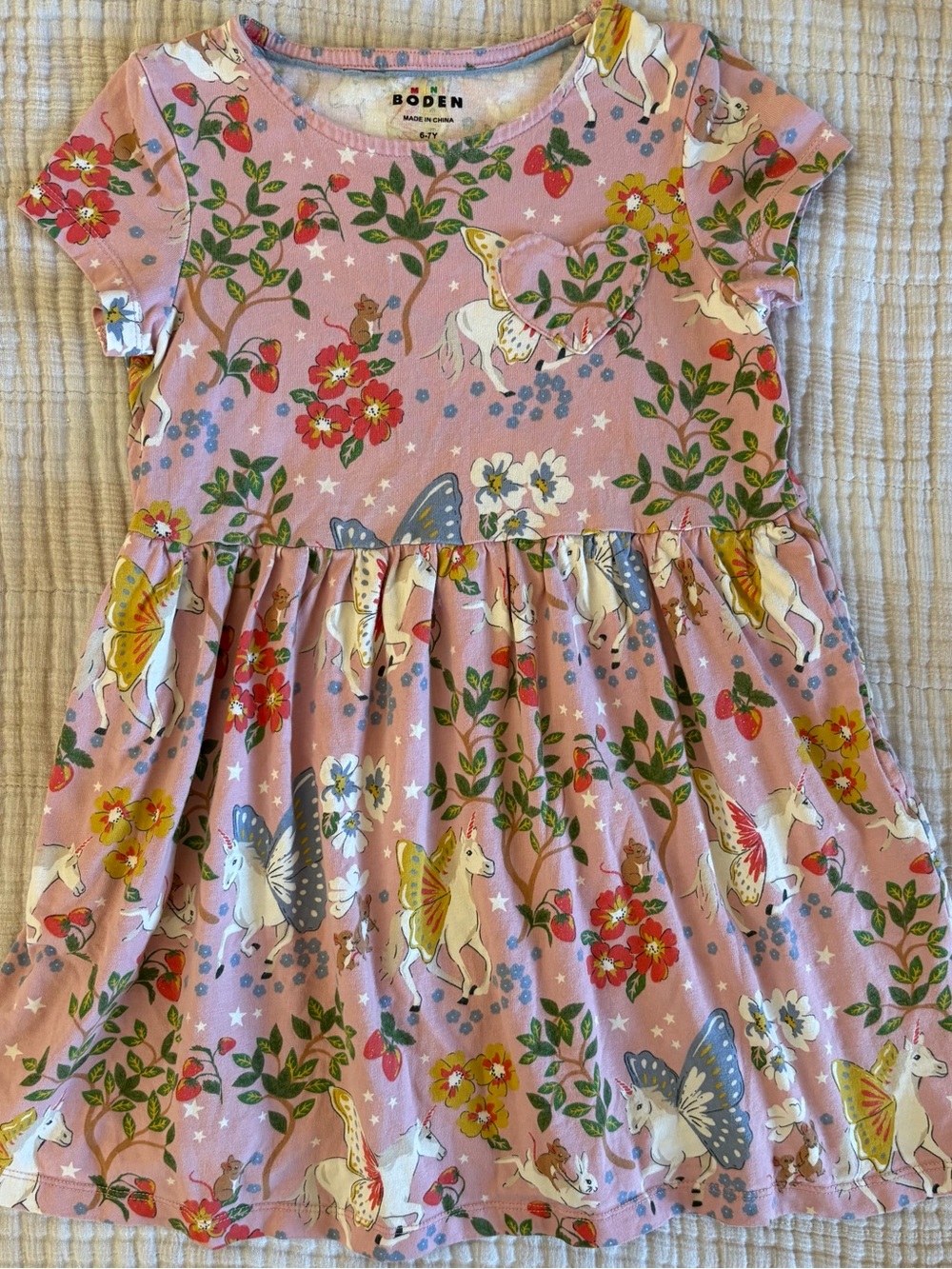 Mini Boden Pink Unicorn & Floral Cotton Dress with Butterflies